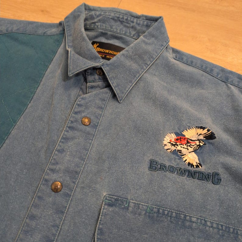 Camisa de caza VTG Browning para hombre, talla XL, de mezclilla azul, bordada con faisán y acolchada. imagen 2