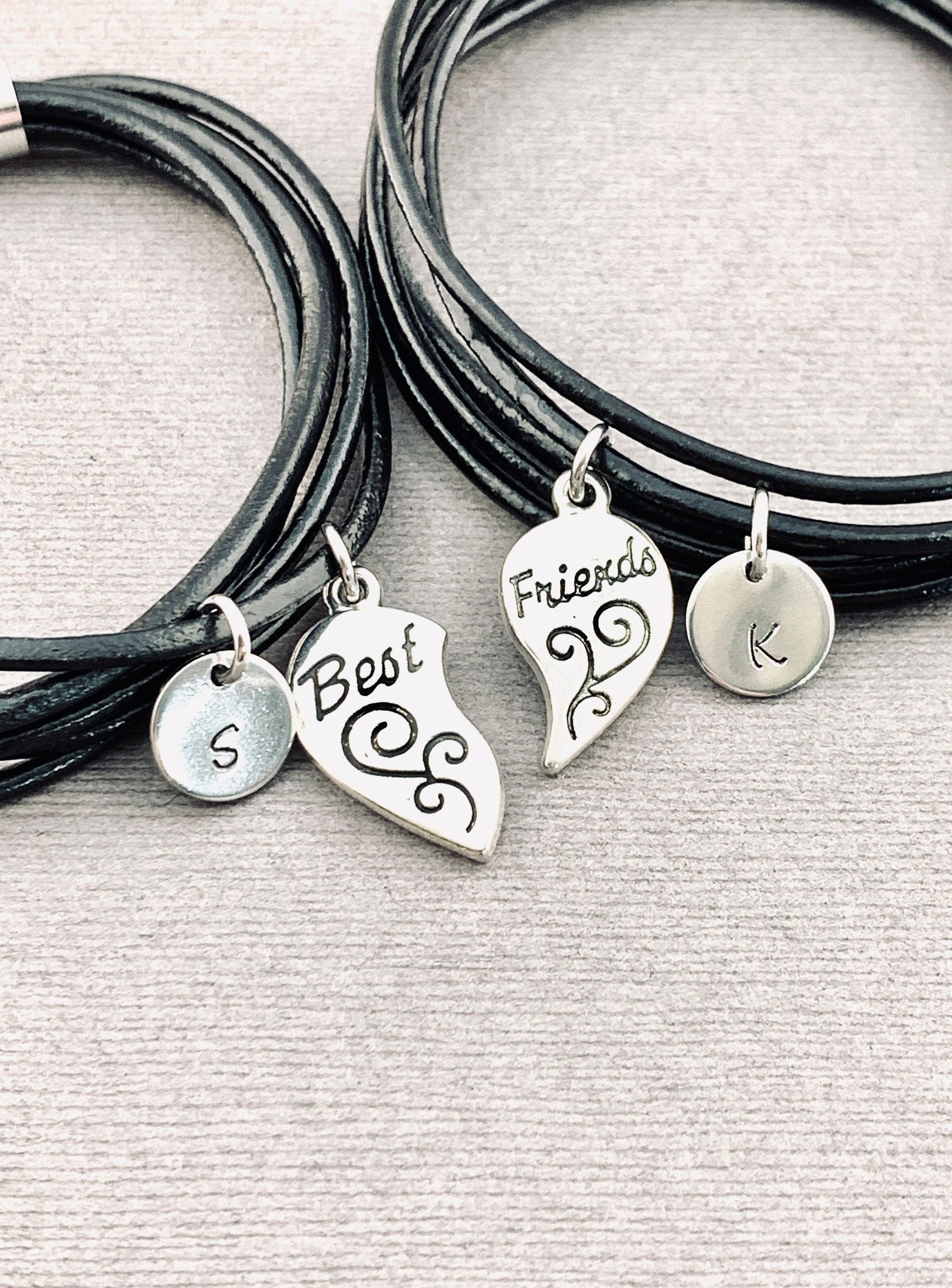 BFF Sister Split Heart Leather Charm Bracelet Silver + Wood Display 