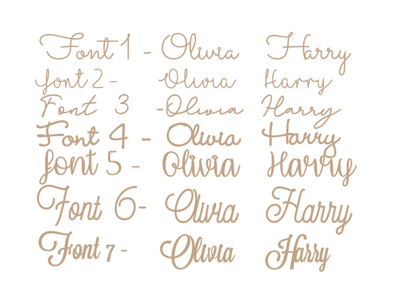 Peut inclure: Sept styles de police diff&eacute;rents pour les noms Olivia et Harry. Les polices sont affich&eacute;es en brun.