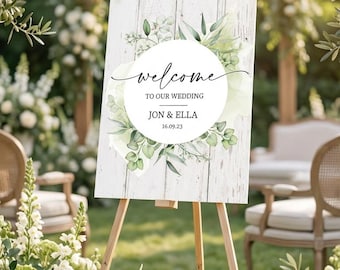 Rustic Botanical Wedding Welcome Sign – White Wood Effect Foamboard (A3/A2)