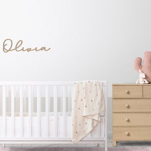 Peut inclure: Un lit b&eacute;b&eacute; blanc avec une couverture blanche et une commode en bois surmont&eacute;e d'un cactus rose et d'un lapin blanc. Le mur est blanc avec le nom "Olivia" &eacute;crit en script brun.