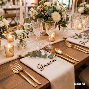 May include: A wedding table setting with gold cutlery, crystal glasses, and floral arrangements. The table is decorated with linen napkins, candles, and wooden name cards. The word "Groom" is visible on a name card.