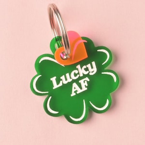 Lucky AF, Shamrock, 4 leaf Clover Personalized Pet Tag, St Patrick Cat and Dog ID Tag