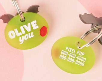 Olive you, Olive Personalized Pet Tag, for the pet that likes a dirty martini, ID for Cats and Dogs, Pet Olive garnish