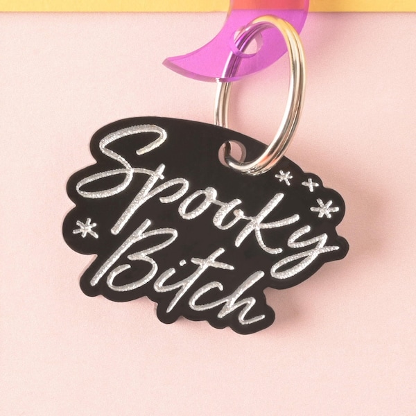 Spooky Bitch Personalized Pet Tag, Halloween Statement Tag, Spooky Cat and Dog ID Tag