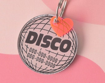 Dancing Disco Sparkling pet ID, Personalized reflective mirror pet tag