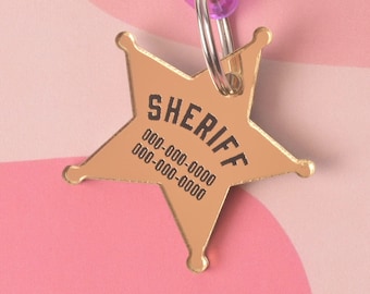 Sheriff Star-identificatielabel voor huisdieren, goudkleurig gepersonaliseerd hondenlabel