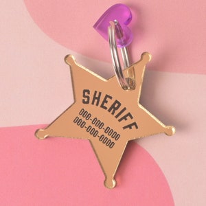 Flashy Sheriff Star Pet ID, Personalized reflective mirror pet tag