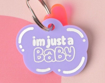 Im Just a Baby, Statement Personalized Pet Tag, Lavender Cat and Dog ID Tag