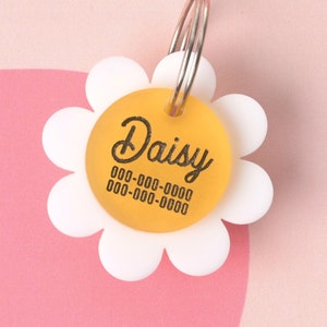 Etiqueta de mascota personalizada Daisy Flower, etiqueta de identificación con estilo, etiqueta de perro de verano