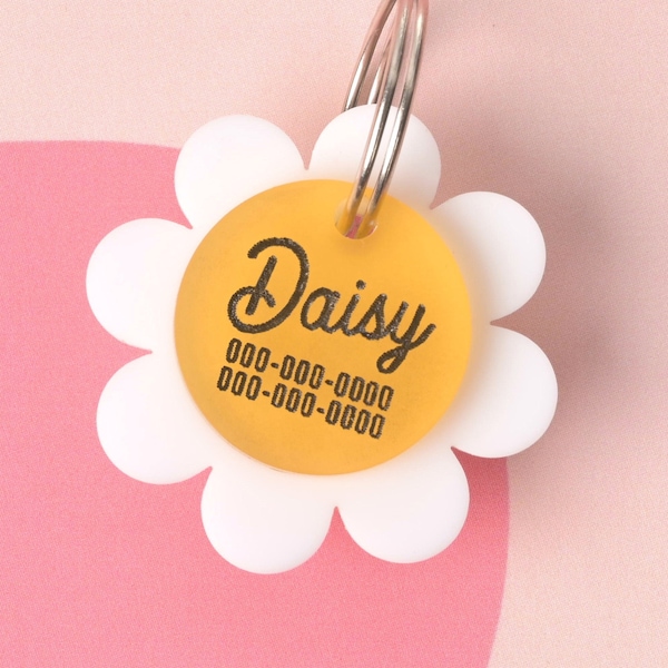 Placa de identificación personalizada para mascotas con diseño de flor de margarita / Colgante para perro grabado a medida