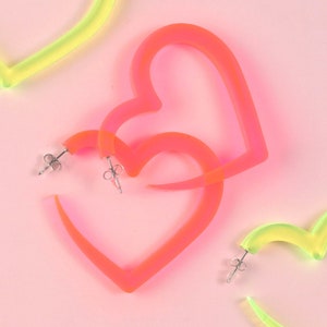 Heart Statement Earrings, Fluorescent Neon Pink, Hoops Full of Love, Big Dangling Earrings