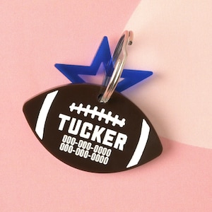 Pode incluir: Etiqueta de cachorro marrom em forma de bola de futebol com texto branco que diz "TUCKER" e um número de telefone. Um amuleto azul em forma de estrela está preso a um chaveiro prateado.