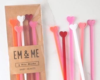 Heart Stir Sticks for Wedding and Bachelorette Parties - Set of 6 in shades of pink - Bridal Shower Decor and Valentine's Day Cocktails