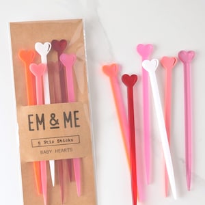 Heart Stir Sticks for Wedding and Bachelorette Parties Set of 6 in shades of pink Bridal Shower Decor and Valentine's Day Cocktails image 1