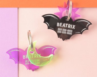 Targhetta personalizzata per animali domestici a forma di pipistrello, stile gotico, cucciolo inquietante, targhetta identificativa per cani e gatti per Halloween.