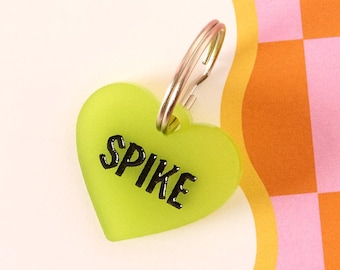 Frosted Green Heart Pet ID Tag, Y2K Goth Acrylic, Personalized Dog Cat Collar, Spike