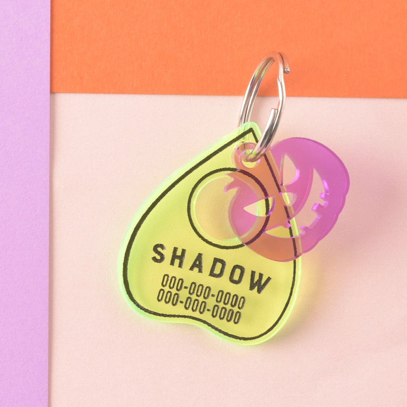 Ouija Planchette, Personalized Pet ID Tag, Spirit Friendly, Halloween Cat ID Tag and Dog ID Tag Fluorescent Green