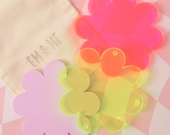 Flower coaster or trivet, fluorescent green, fluorescent pink and opaque lavender