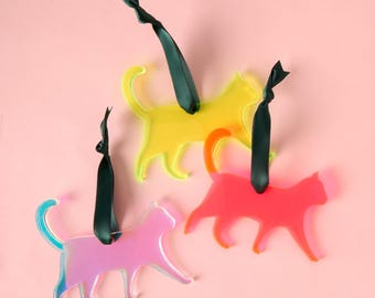 Fluorescent Acrylic Cat Ornament, Holographic Iridescent Accent