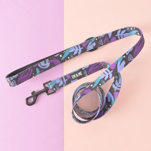 May include: A purple, blue, and black dog leash with a whimsical pattern of leaves, stars, and eyes. The leash has a black clip and the text "EM & ME" printed on it.