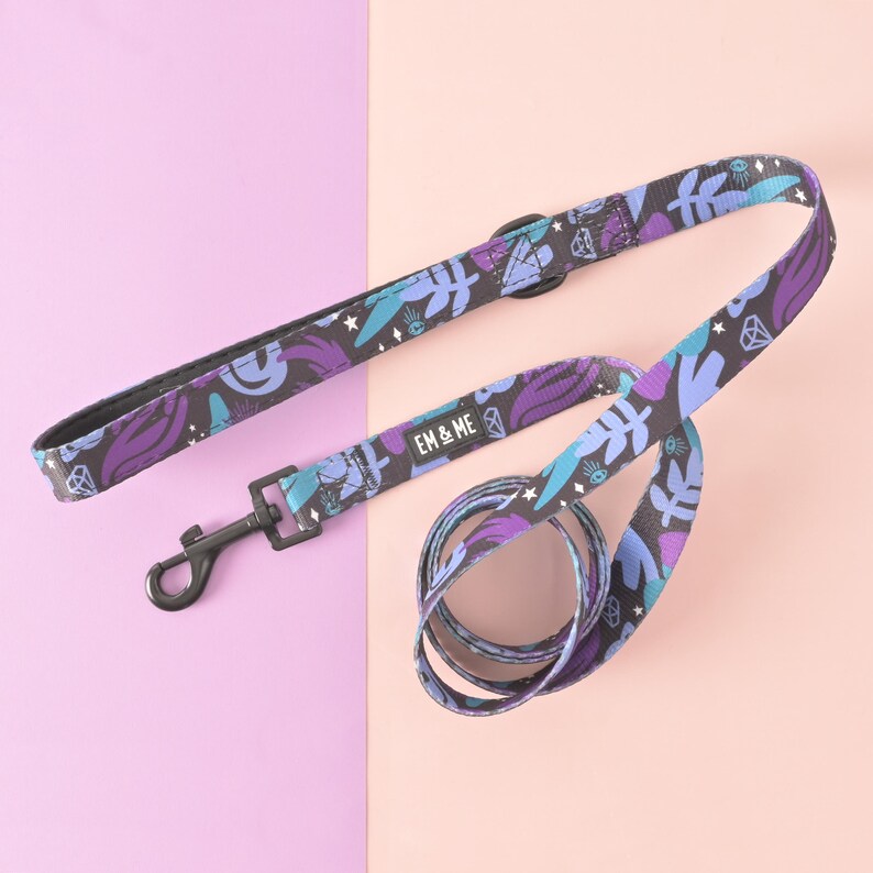 May include: A purple, blue, and black dog leash with a whimsical pattern of leaves, stars, and eyes. The leash has a black clip and the text "EM & ME" printed on it.