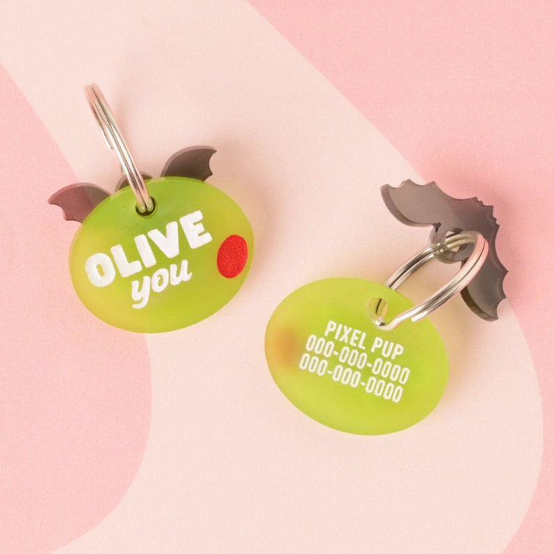 Olive you, Olive Personalized Pet Tag, for the pet that likes a dirty martini, ID for Cats and Dogs, Pet Olive garnish image 1