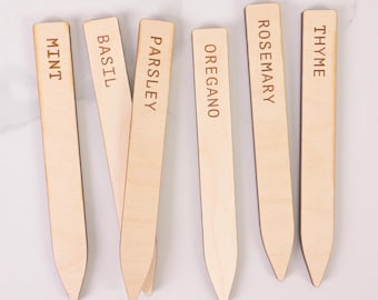 Plant Markers, Set of 6, Vegetable and Herb Garden styles, Wood with engraved type yard stakes
