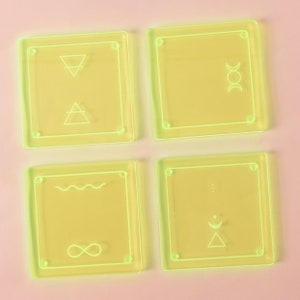 Alchemy Coasters, Set of 4, Minimal Astrology Symbols, engraved Coasters, Neon Acrylic Plastic image 3