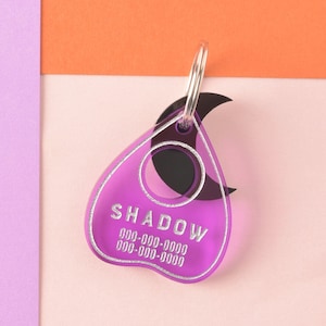 Ouija Planchette, Personalized Pet ID Tag, Spirit Friendly, Halloween Cat ID Tag and Dog ID Tag Transparent Purple