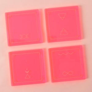 Alchemy Coasters, Set of 4, Minimal Astrology Symbols, engraved Coasters, Neon Acrylic Plastic image 8