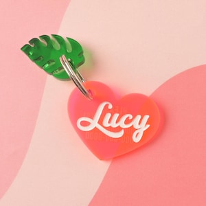 Lucy Heart personalisierte Haustiermarke, Hunde und Katzenmarke Fluorescent Pink