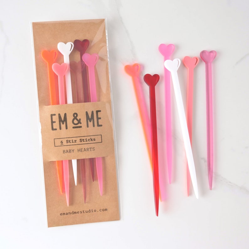 Heart Stir Sticks for Wedding and Bachelorette Parties Set of 6 in shades of pink Bridal Shower Decor and Valentine's Day Cocktails image 1