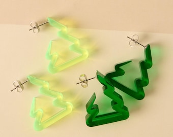 Christmas tree hoop earrings - small acrylic holiday tree-shape hoops