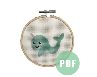 modern cross stitch, narwhal, pdf pattern, counted cross stitch pattern for beginners, cross stitch animal, ocan whale needle point