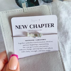 May include: A delicate bracelet featuring small, tumbled moonstone and labradorite crystal chips on a thin grey cord. The bracelet is attached to a white display card printed with the text NEW CHAPTER CRYSTAL JEWELLERY and MOONSTONE + LABRADORITE.
