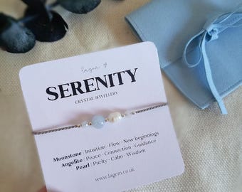 Pulsera de cristal de serenidad, pulsera de perlas y angelita con piedra lunar, pulsera de boda, pulsera de paz, intuición y sanación, regalo de joyería para la novia