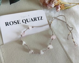 Pulsera de cristal personalizada, pulsera de cristal de cuarzo rosa, joyería de amor, joyería delicada de plata esterlina, joyería de cordón de seda anudado