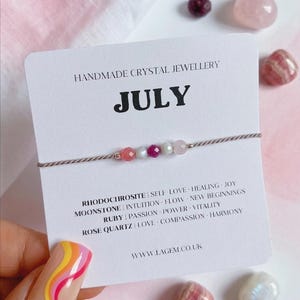 July Birthday Crystal Bracelet, Minimalist July Gift for Her, Silk Cord Dainty Gemstone Bracelet, Healing Pearl Jewelry Birthstone Bracelet