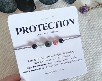 Pulsera protectora de cristal, turmalina negra, fluorita, larvikita, turmalina rosa, pulsera de conexión a tierra y sanación, regalo para ella.