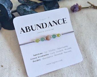 Pulsera de la riqueza y el éxito, collar de cristal de la prosperidad: piedra solar, aventurina, peridoto para el crecimiento de la confianza, joyería con cordón de plata esterlina.