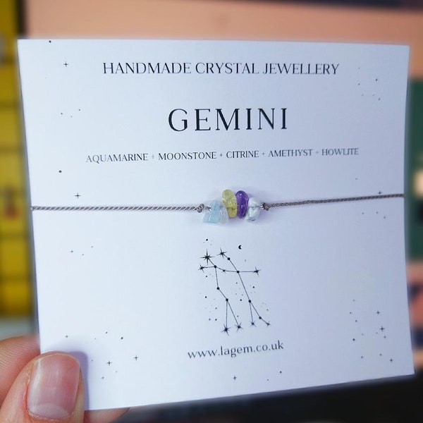Gemini Crystal Bracelet | May Birthstone Gift | Zodiac Support Jewellery | June Dainty Silk Cord Adjustable Bracelet