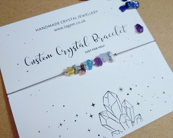 Custom Crystal Bracelet - Birthstone Bracelet Chips Gemstone personalised Jewellery - Natural Silk Cord Bracelet - Mom Gift - Dainty