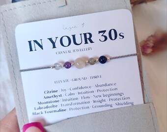 Pulsera de cristal para tus 30, pulsera de cumpleaños número 30, regalo de joyería con piedras preciosas para ella, joyería de apoyo para mujeres, collar de regalo para esposa