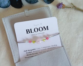 Pulsera Bloom Crystal para un nuevo comienzo, joyería de morganita rosa, peridoto, rodocrosita y piedra lunar, pulsera de amor, crecimiento y sanación, regalo para ella.
