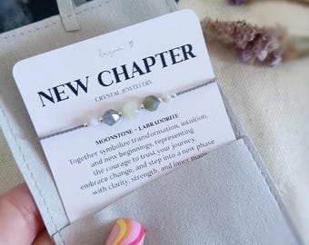 Pulsera de piedra lunar "Nuevo capítulo", regalo para nuevos comienzos para ella, pulsera de labradorita, pulsera minimalista de seda "Nuevo comienzo"