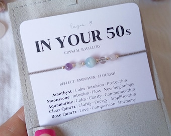 Pulsera de cristal para regalar en tus 50, pulsera de cumpleaños número 50, regalo de joyería con piedras preciosas para mamá, regalo de cumpleaños para la esposa que apoya a las mujeres