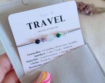 Pulsera de cristal de viaje, regalo de protección para viajes, pulsera delicada de cordón de seda para quienes se mudan al extranjero, regalo de piedras preciosas para viajeros, accesorios de verano
