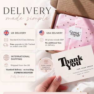 Puede incluir: Una caja de env&iacute;o de cart&oacute;n que contiene papel de seda rosa con estrellas doradas, una pegatina de Crystal Energy y una tarjeta de agradecimiento blanca con texto negro. La imagen incluye texto informativo sobre env&iacute;os y embalaje.