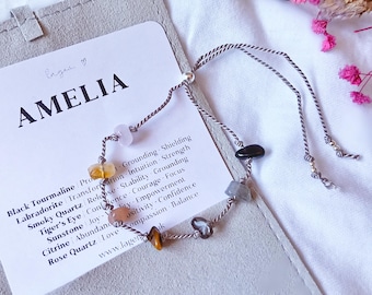 Pulsera de cristal con nombre personalizado, pulsera de cristal en bruto, regalo de cumpleaños personalizado, delicada joyería de plata de ley, tobillera de cordón de seda anudado